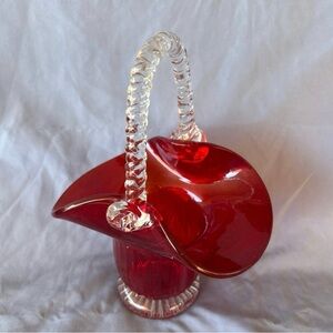 Vintage Murano Art Glass Basket Red  Clear Twisted Handle